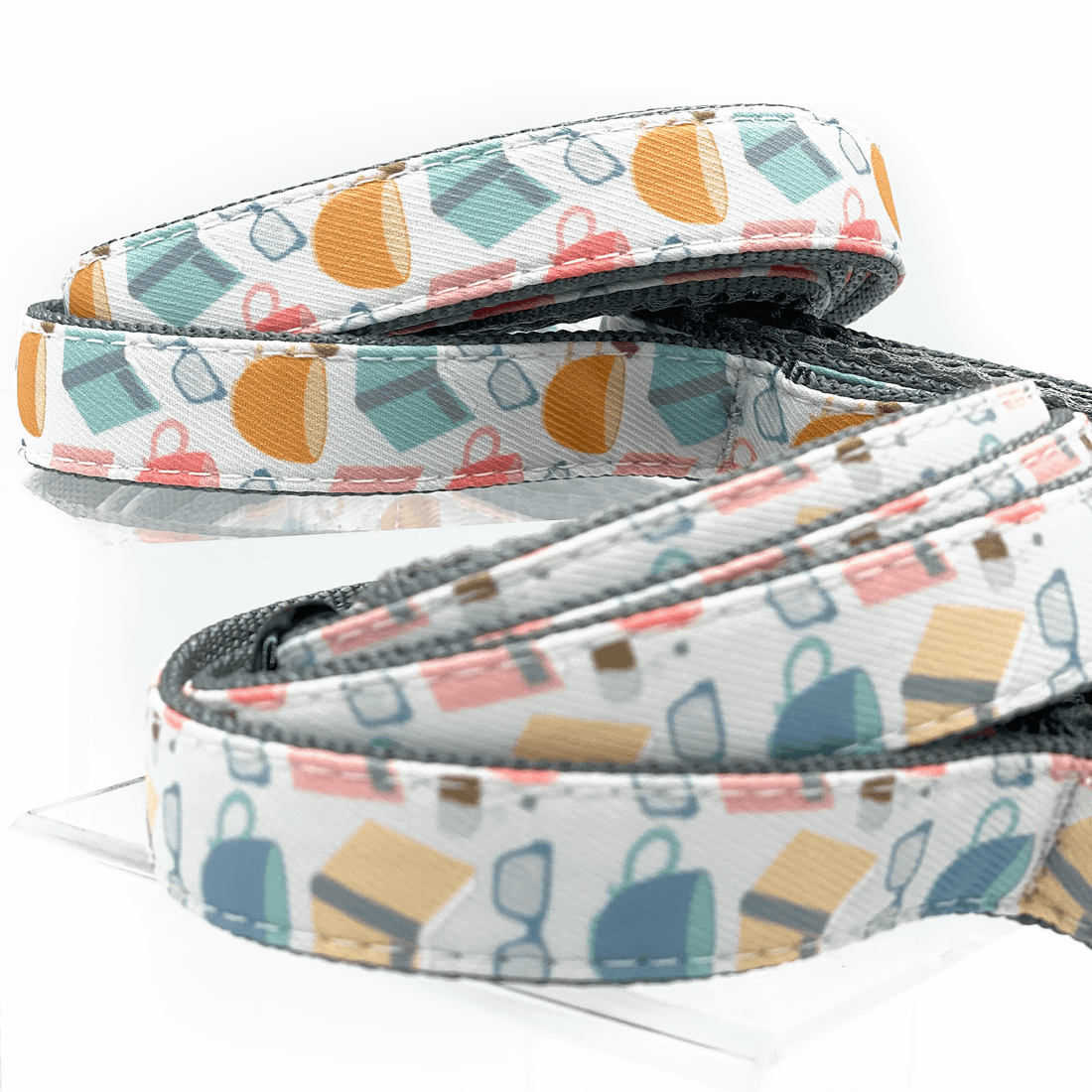 two dog leashes with book themed patterning