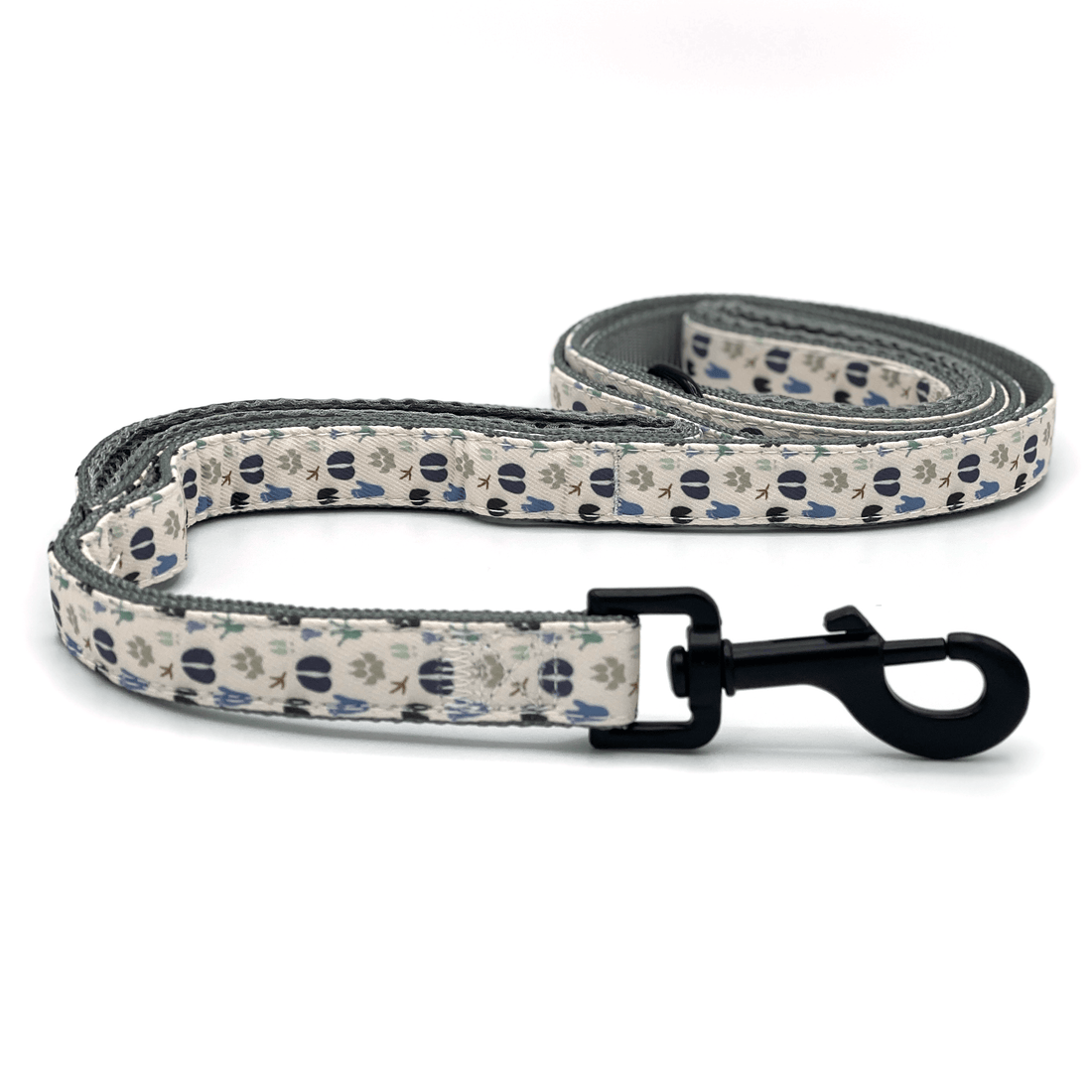 a leash with natural colored paw prints of varying animals