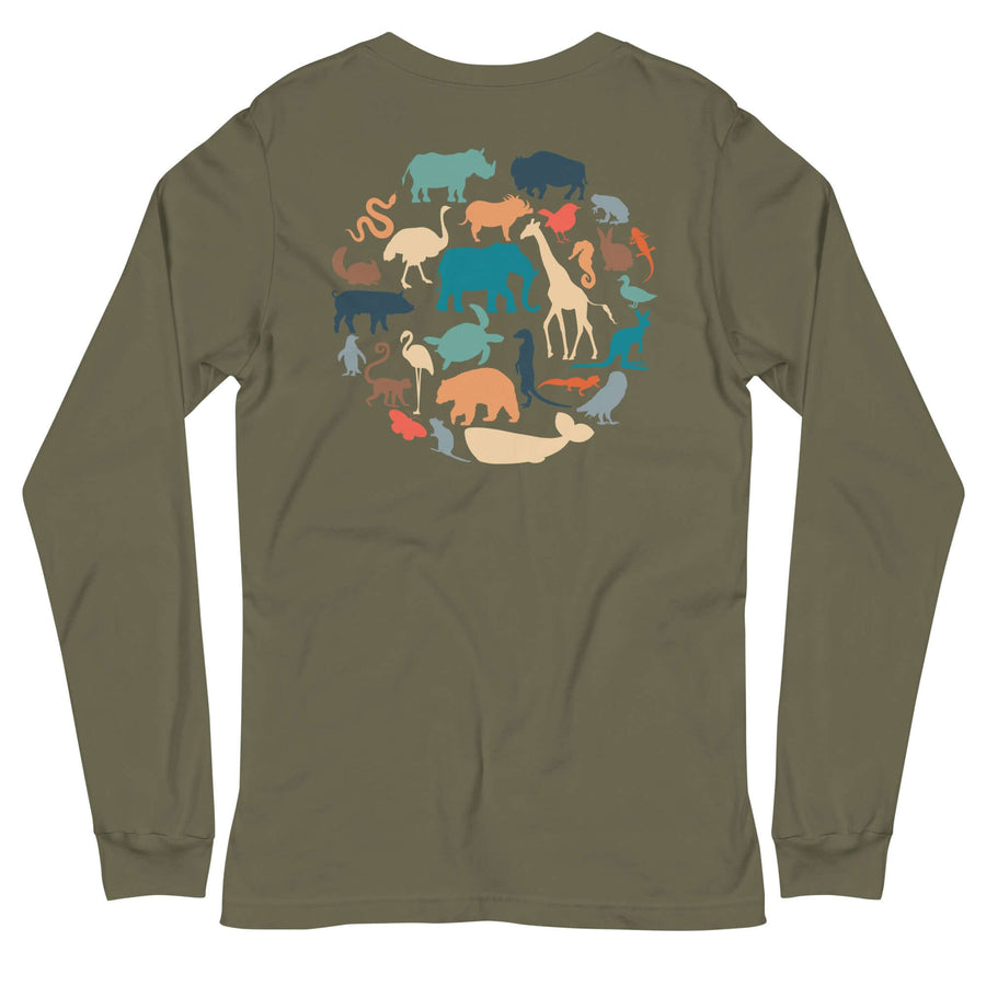 Back of green long sleeve on white back drop showing grouping of animals in big circle