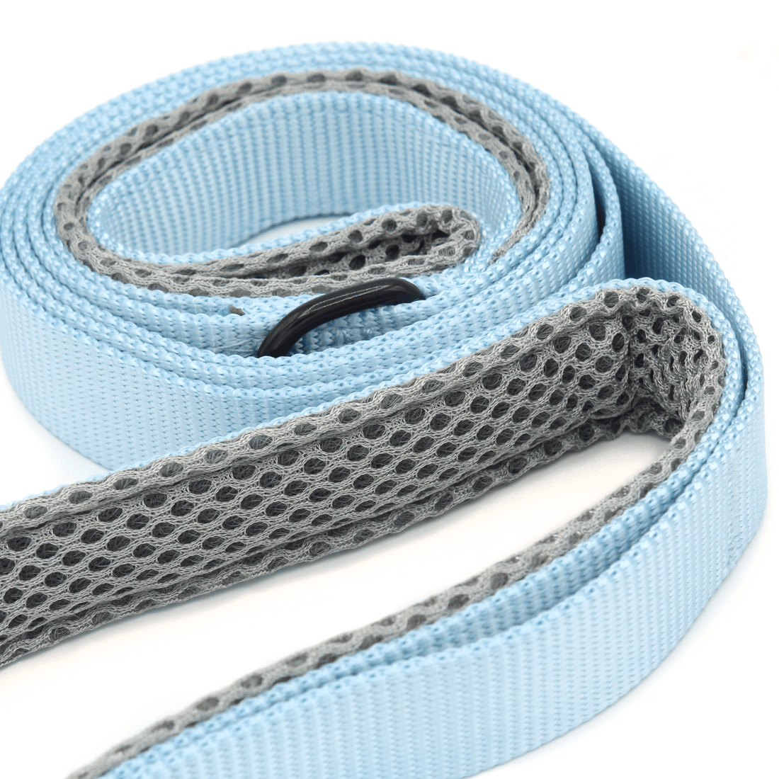 a closeup of a light blue leash with light grey handles that are padded with a mesh fabric