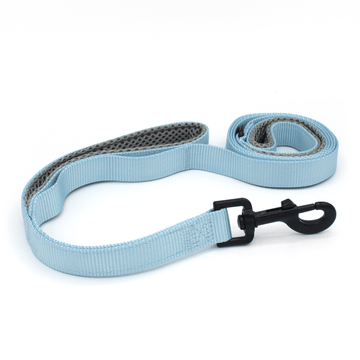 a light blue leash with light grey handles and black hardware