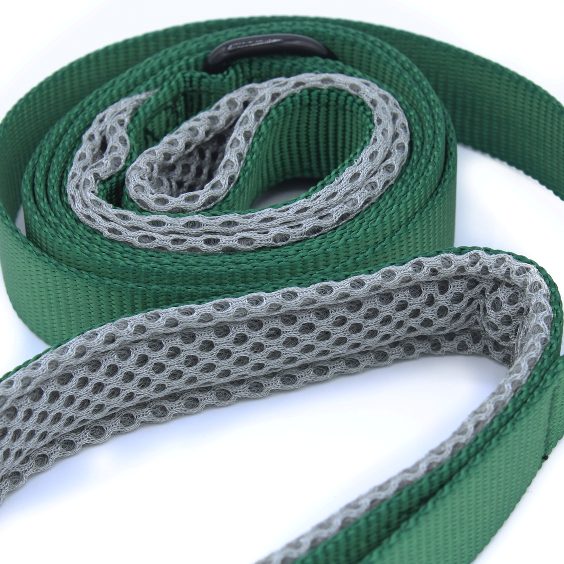 a closeup of a forest green leash with grey mesh handles