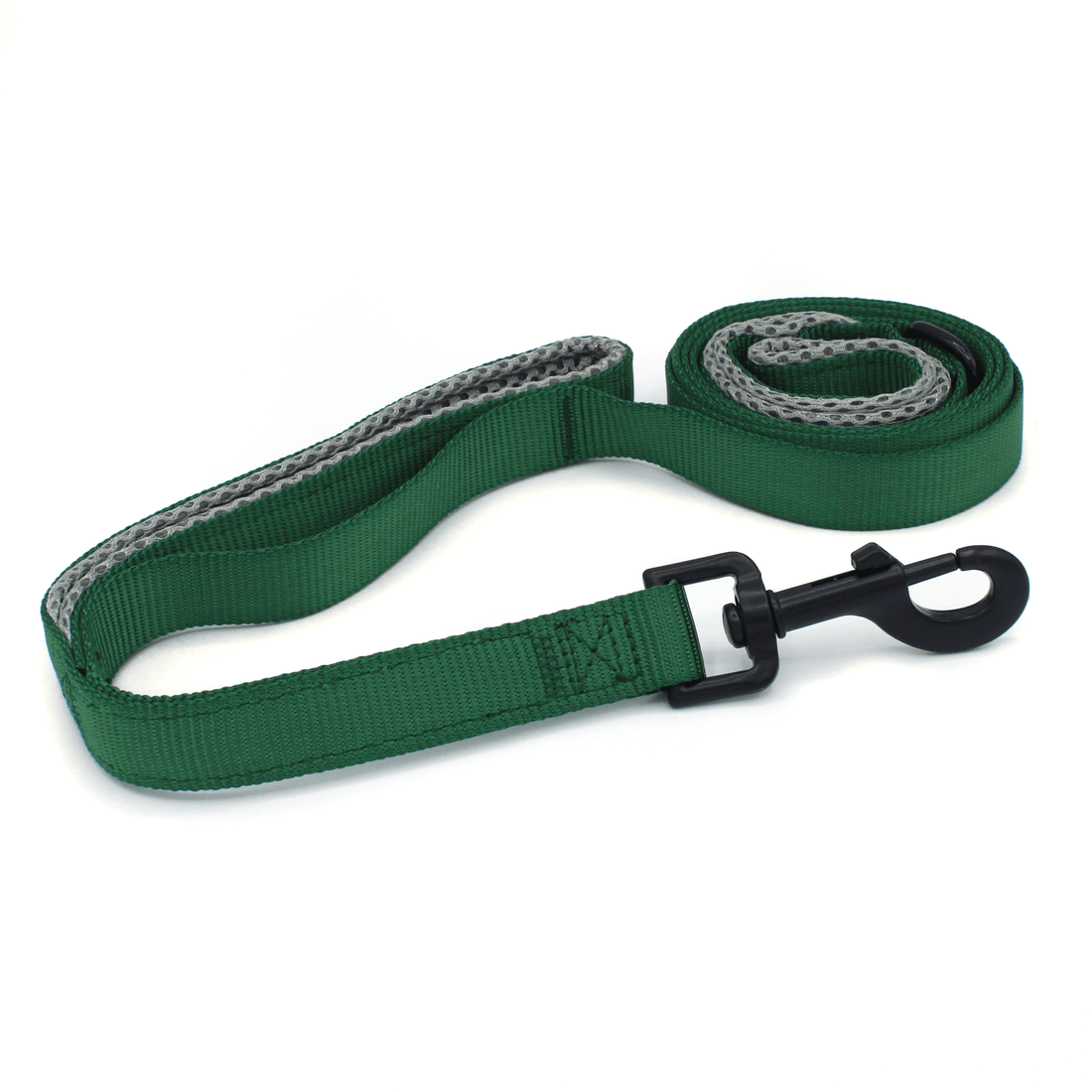 a dark green dog leash with black hardware and light grey padded handles