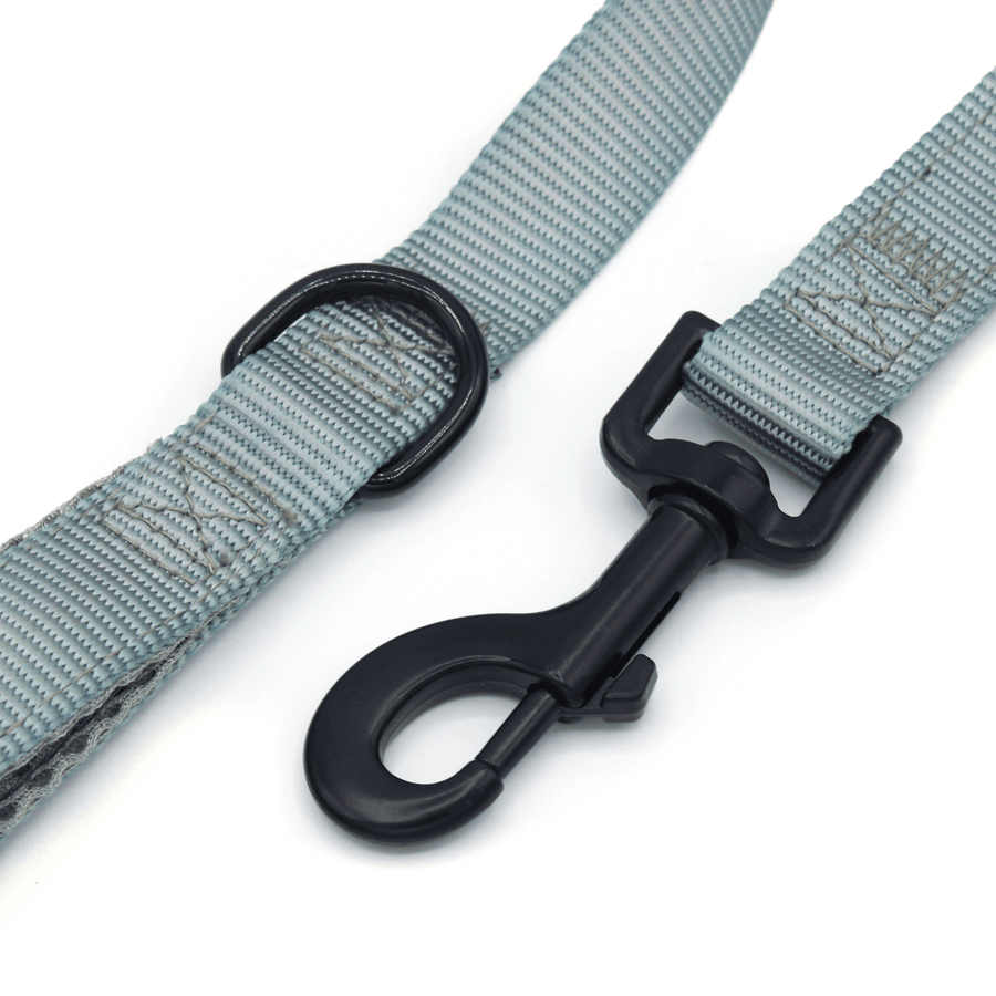 a grey dog leash with black clasp and d-ring