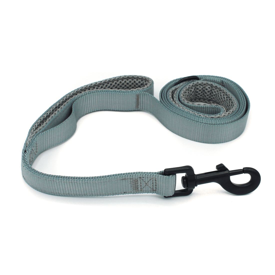 a pewter grey dog leash with black hardware