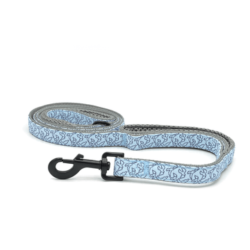 a blue leash with black outlines of birds