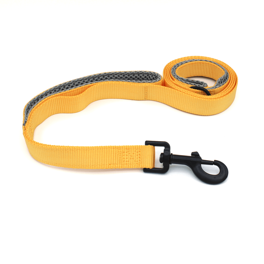 a dark yellow/orange leash with black hardware and grey handles