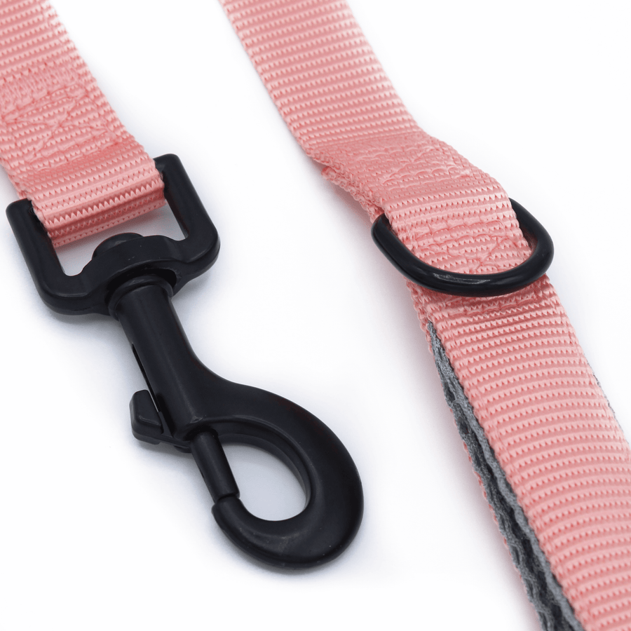a peach colored dog leash with black clasp and d-ring