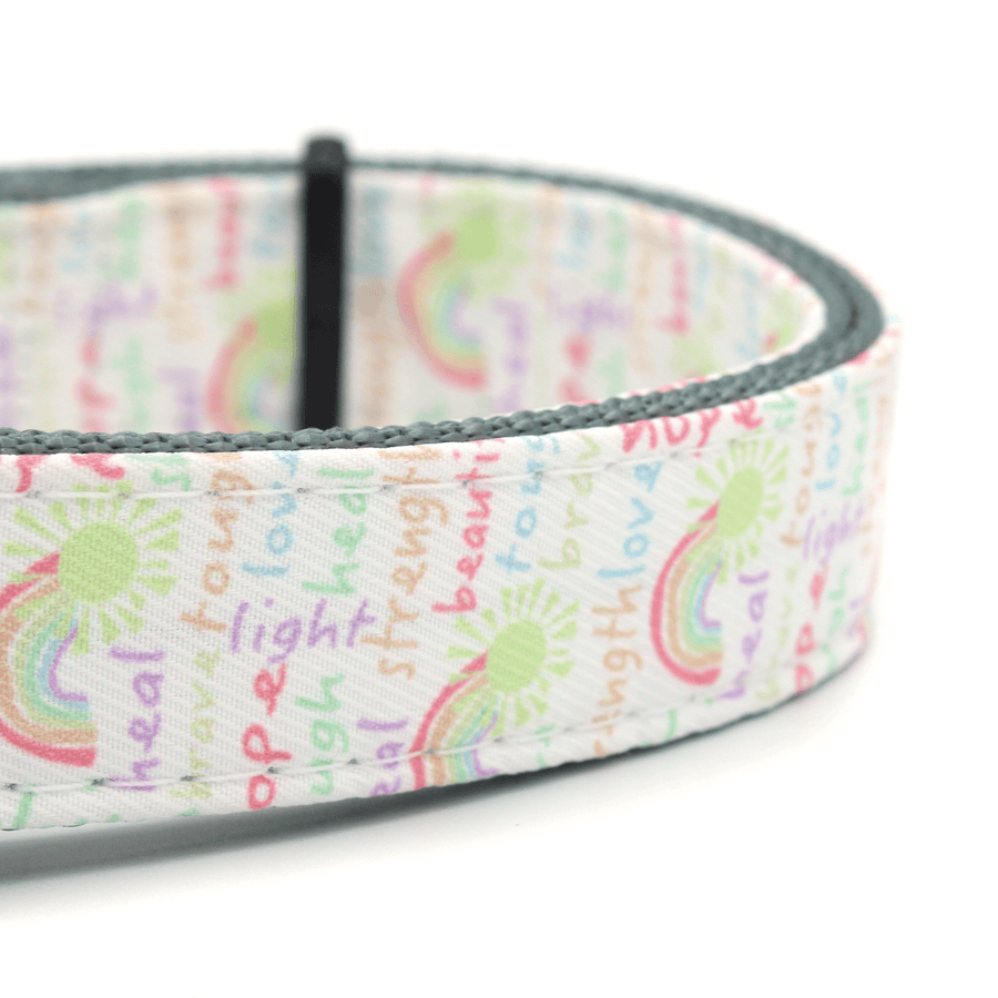 closeup of white dog collar with rainbow colored words of positivity