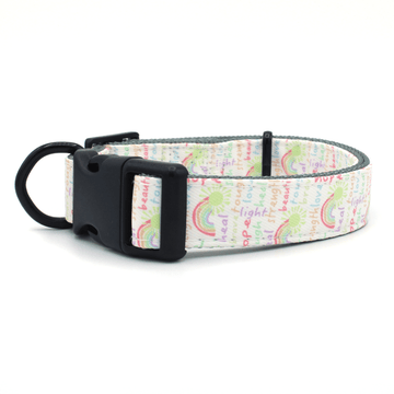dog collar with a pattern of rainbow colored words