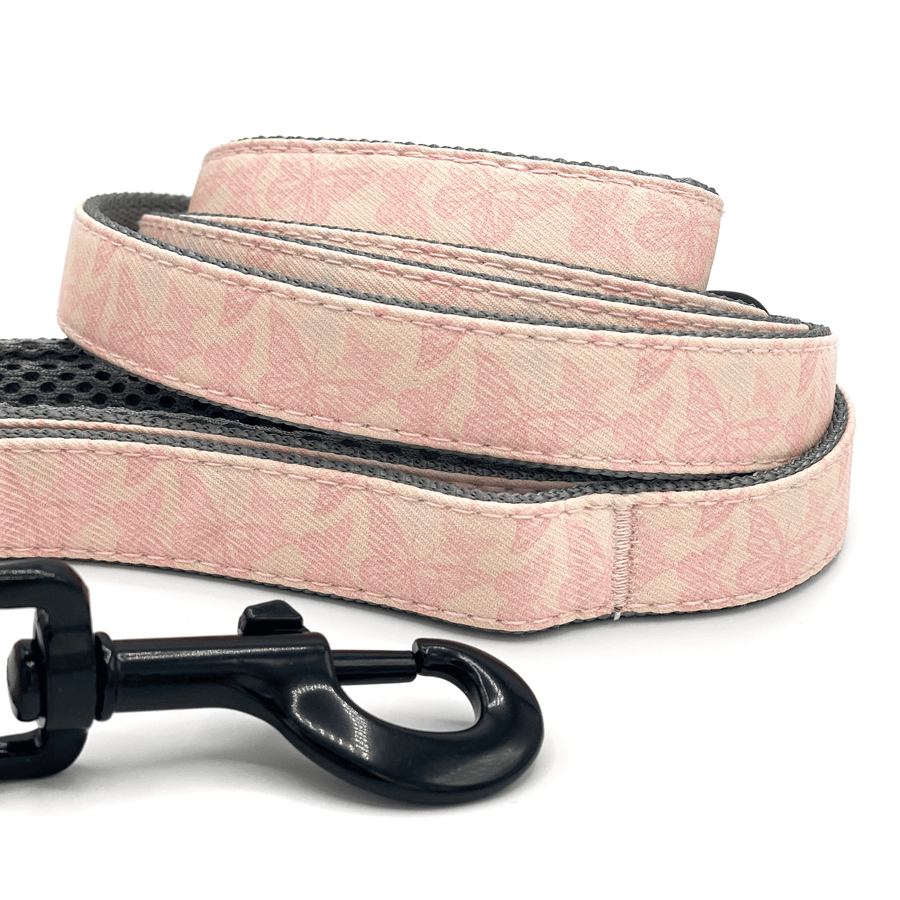 a pink butterfly patterned leash with black clasp
