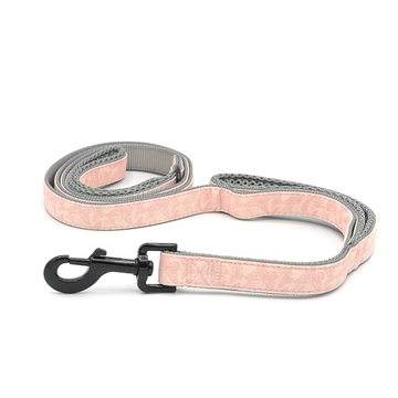 a pink butterfly patterned dog leash with grey handles and black clasp