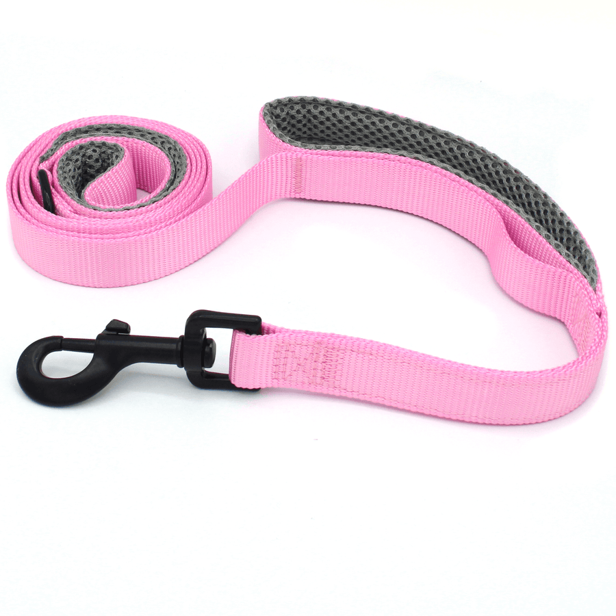 a bright pink dog leash with grey handles and black hardware
