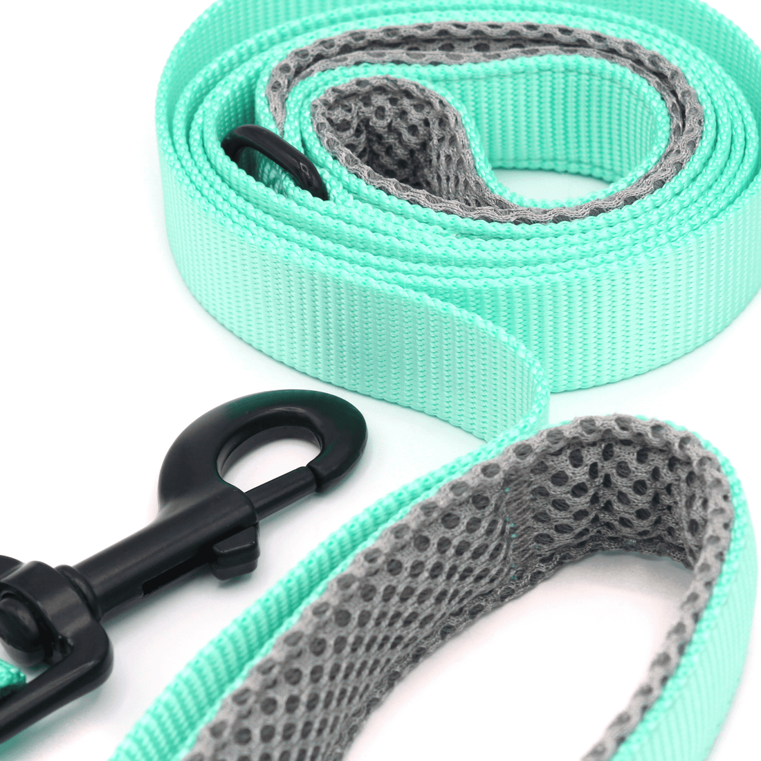 closeup photo of an aqua colored leash, showing the details of the grey padded and mesh handles