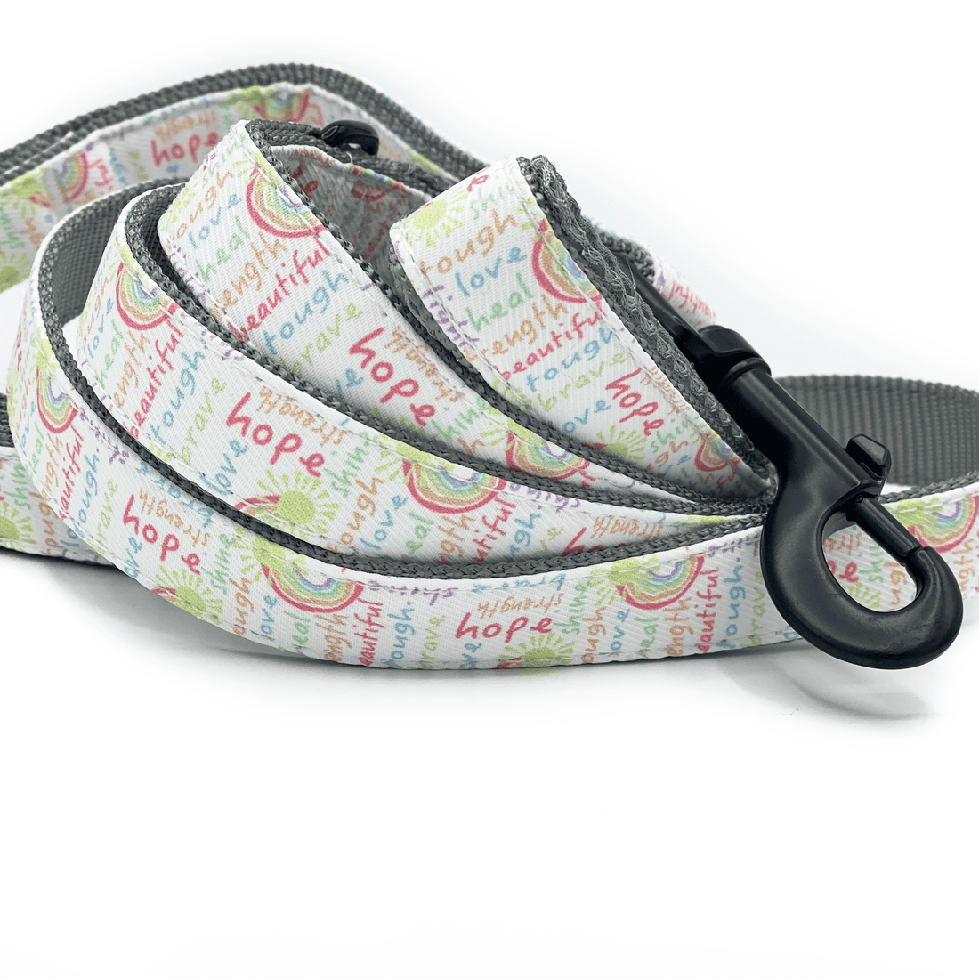 closeup of double handle dog leash with a rainbow pattern