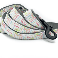 closeup of double handle dog leash with a rainbow pattern