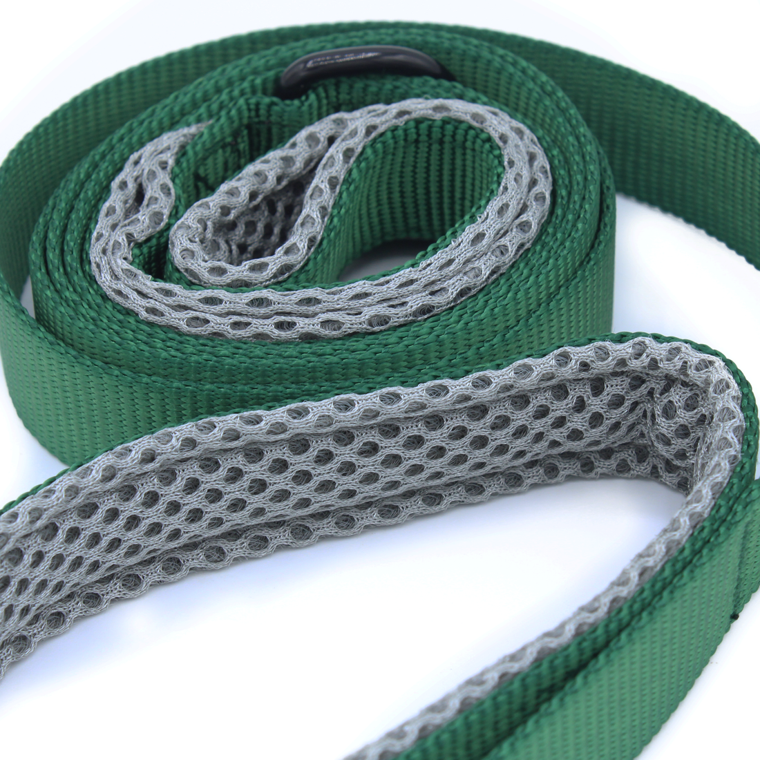 closeup of a dark green double handle dog leash for dogs that need more control