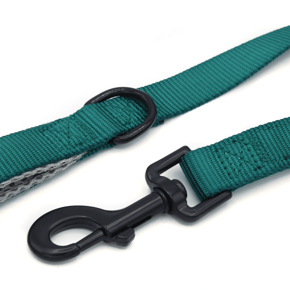 a dark teal double handle leash closeup of durable black metal clasp